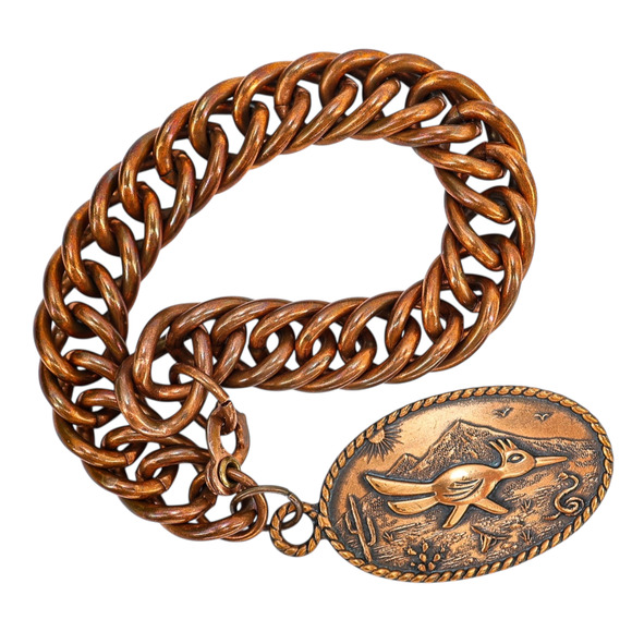 Vintage Solid Copper Curb Chain Bracelet With Bell Trading Post Roadrunner Charm - Picture 1 of 12
